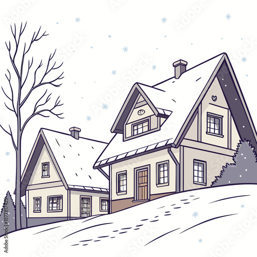 Snowy village rooftops with houses and trees winter village