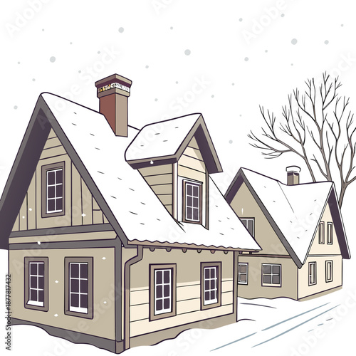 Snowy village rooftops with brown houses and bare tree