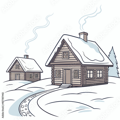 Winter village scene with two wooden houses buried in snow