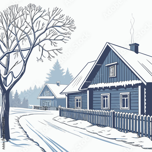 Winter village scene with blue house and snowy yard 1