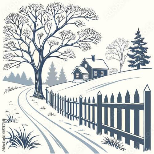 Winter village scene with house on snowy hill and wooden fence 1