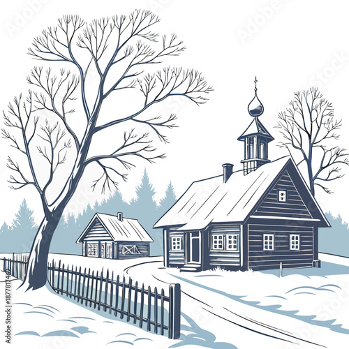 Winter village scene with wooden church and snow covered rooftops 1