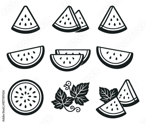 Line art watermelon set featuring various slices and vine elements for summer designs