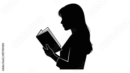 Woman Reading Book Silhouette Profile View.