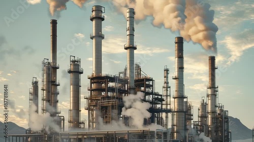 Large industrial plant with smoke stacks releasing emissions in the sky. Environmental problems.