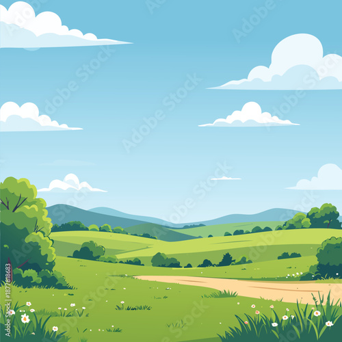 A vibrant summer landscape featuring a lush green meadow and rolling hills under a clear blue sky with fluffy white clouds over the rural countryside horizon