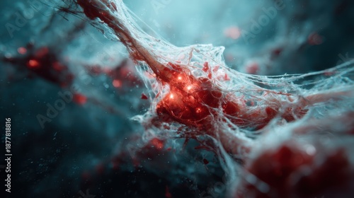 An abstract representation of interconnected neurons showcases vibrant, red lights within the web-like structure, illuminating the complexity of the human brain and neurological systems.