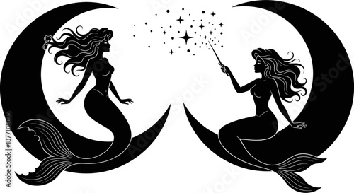 Silhouette of two beautiful mermaids sitting on crescent moons with magic wand and stars in a mystical fantasy night sky.
