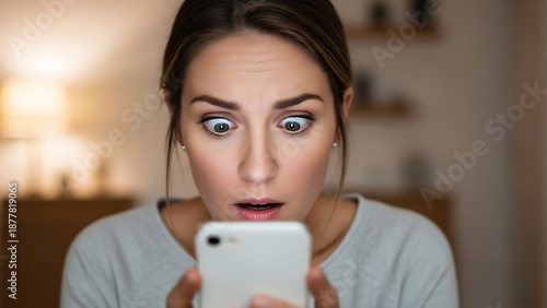 Woman's shock and surprise face while looking at smartphone screen