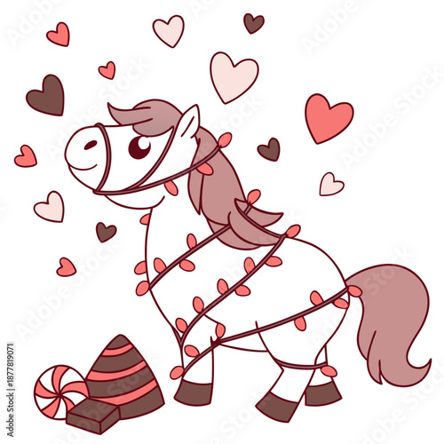 Whimsical Horse feeling Grumpy in a Valentine setting with wrapped in fairy lights – colored in Valentine Blush
