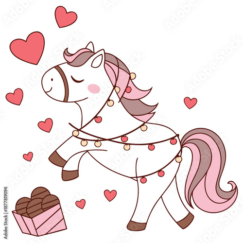 SVG art: A Peaceful Horse in a Valentine vibe with wrapped in fairy lights, tinted with Valentine Blush tones
