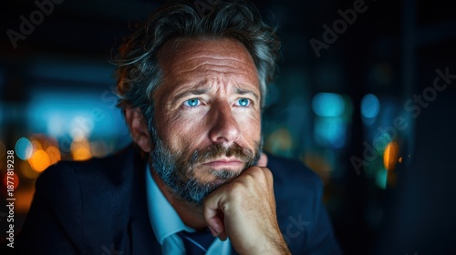 A contemplative man with a beard and piercing blue eyes reflects deeply in a dimly lit environment, showcasing a moment of introspection and emotional depth.