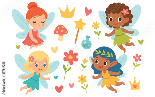 Fairy character set illustration featuring magical children figures, fantasy storytelling elements, and whimsical nursery artwork.