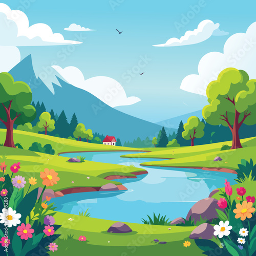 Vector illustration of a summer landscape with a green meadow, river, and lake under a sunny sky with clouds and mountains