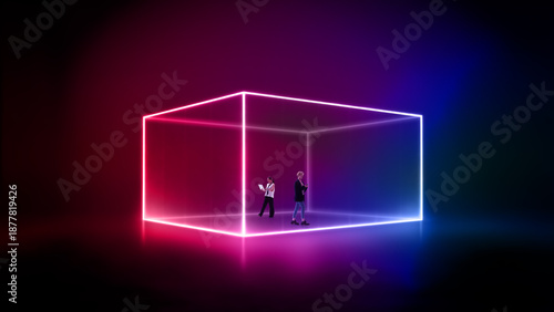 Bilde på lerret Bold artwork with people inside neon cube structure