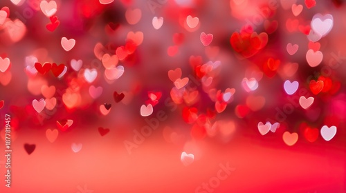 Heart-shaped bokeh lights with a blurred pink-red gradient background, designed for Valentine's Day celebrations, romantic love concept banner template.