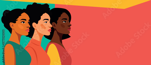  Women of different cultures, skin colors, nationalities together. Vector flat horizontal abstract banner for International Women's Day, March 8. Movements for gender equality and women's empowerment