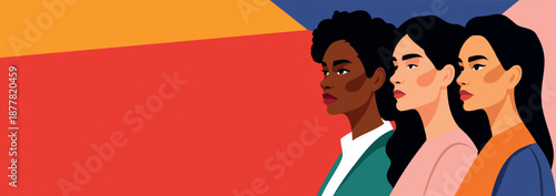 Vector flat horizontal abstract banner for International Women's Day, March 8. Women of different cultures, skin color, nationalities stand together. Movements for gender equality, women's empowerment