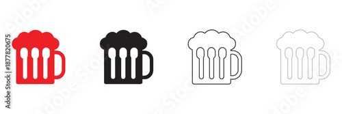 beer mug icon vector set, overflowing beer drinking vector, silhouette and line art