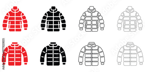 puffy jacket outerwear icon vector set, winter clothing jacket vector, silhouette and line art