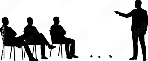 Professional business seminar silhouette with a speaker presenting to a seated audience, corporate training or workshop vector illustration on white.