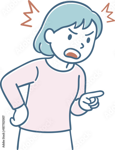 指を差して激しく怒る女性のイラスト