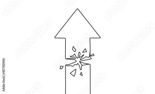 Arrow breaking apart shattering obstacles to progress a line drawing illustration graphic design concept