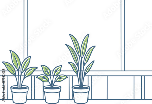窓際に並んだ観葉植物のイラスト（インテリア・ライフスタイル・緑のある暮らし）