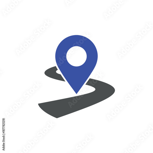 a blue location pin on a white background with a gray road