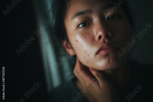 Portrait of a worried Asian teenage girl touching acne on her face and looking in the mirror in the dark, skin problem concept