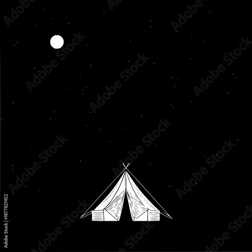 A tent under a starry night sky with a bright moon illuminating the dark landscape in monochrome style