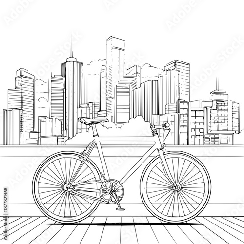A bicycle parked on a wooden surface with a cityscape backdrop in a black and white line drawing style