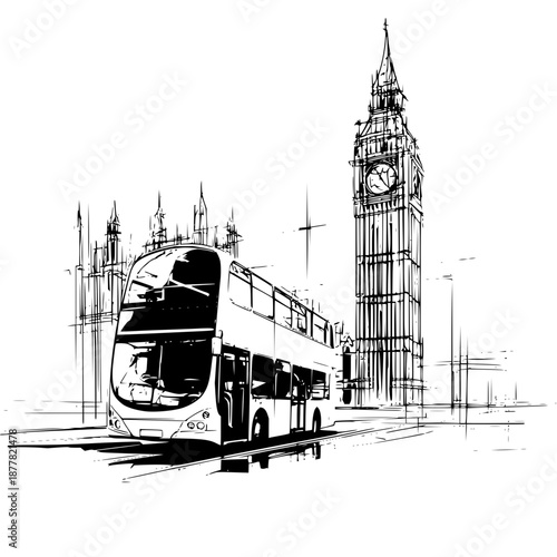 Illustration of a london double decker bus with big ben in the background in black and white style