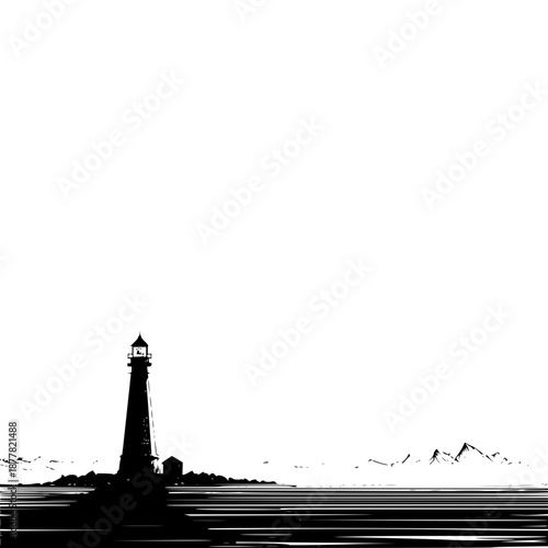 Silhouette of a lighthouse on a rocky coast with mountains in the distance under a bright white sky view