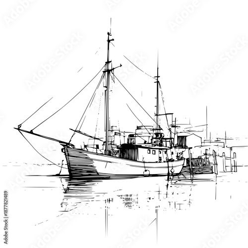 A detailed sketch of a large boat docked near a pier with reflections in the water and masts visible