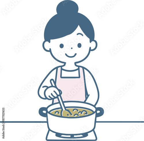 エプロンを着て笑顔でカレーを作る女性のイラスト