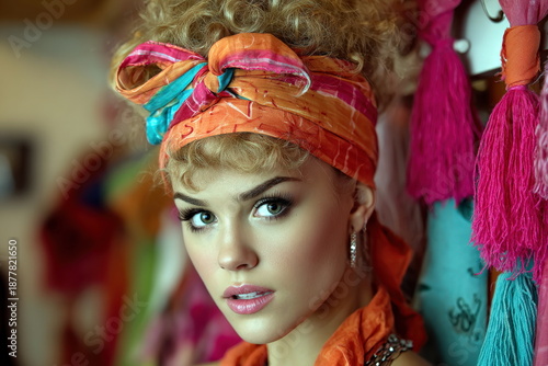 Young woman poses with colorful accessories in a vibrant setting with a playful expression and bold hairstyle