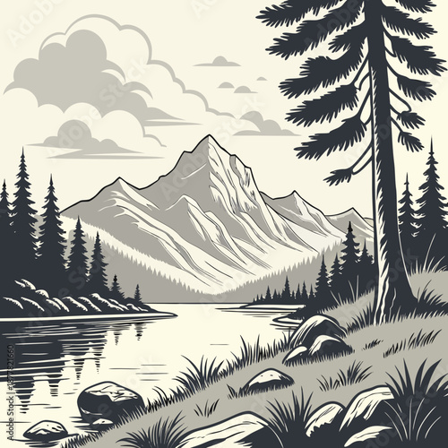 Serene alpine lake landscape with mountains trees and rocks