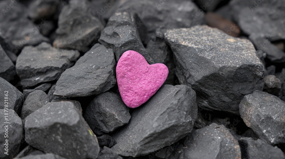 Obraz premium Pink heart-shaped pebble nestled among dark gray rocks, symbolizing the simplicity and beauty of love found in natural surroundings with organic textures and earthy tones.