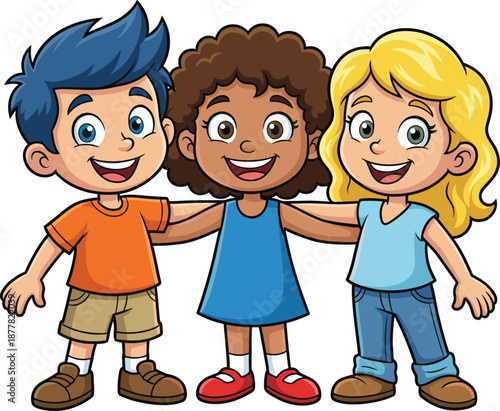 Happy diverse cartoon kids standing together with arms around shoulders, cute children friendship illustration promoting unity, teamwork, inclusion, education, and positive social values