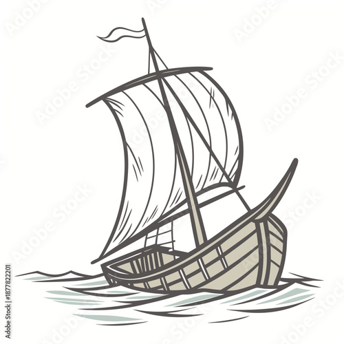 Old wooden sailing boat on calm sea sailboat