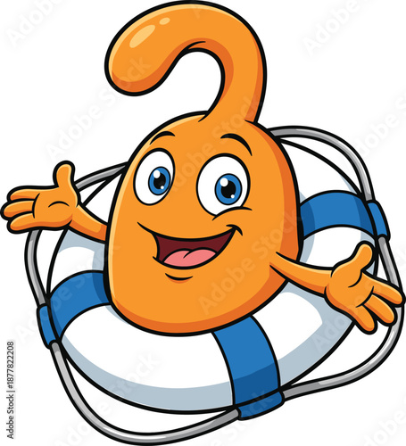 Cute cartoon ghost floating with lifebuoy and open arms, happy friendly character illustration for kids, water safety themes, summer designs, stickers, and playful artwork
