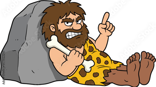 Angry cartoon caveman pointing finger while holding bone, prehistoric character illustration for education, history concepts, kids learning, stickers, comics, and playful designs
