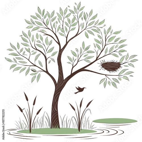 Brown tree with green leaves bird nest and bird flying over pond with cattails
