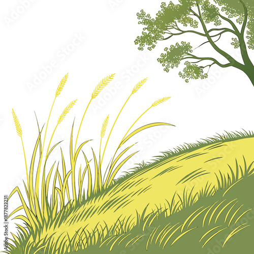 Curved hill with yellow grass blades and tree green tree
