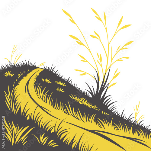 Curved hill with yellow grass blades and white background