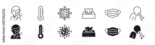 Sick Symptoms Icon Pack, Coughing, Sneezing, Fever, Virus Infection and Face Mask Symbols, Vector Illustration . 