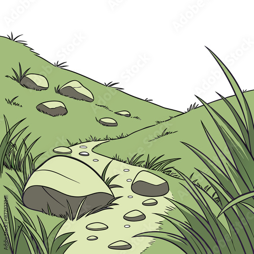 Scattered rocks in lush green grassy valley hillside