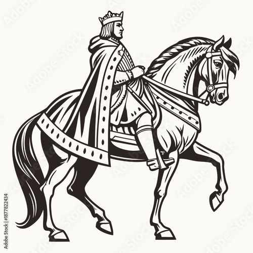 Traditional monarch riding horse in profile view with crown and cape
