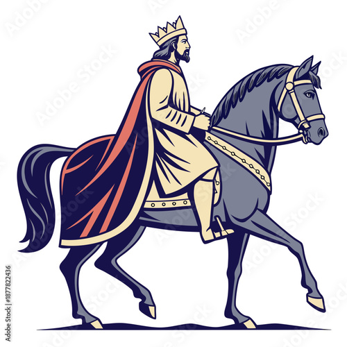 Traditional monarch riding horse in profile view king